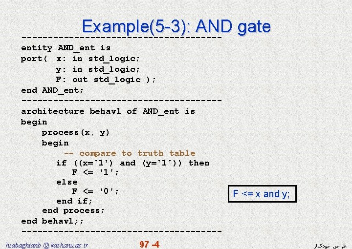 Example(5 -3): AND gate -------------------entity AND_ent is port( x: in std_logic; y: in std_logic;