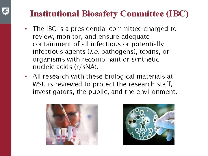 Institutional Biosafety Committee (IBC) • The IBC is a presidential committee charged to review,