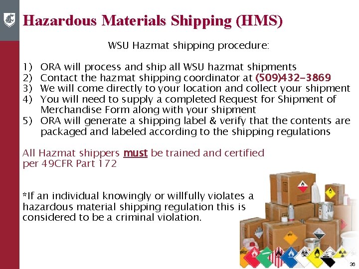 Hazardous Materials Shipping (HMS) WSU Hazmat shipping procedure: 1) 2) 3) 4) ORA will