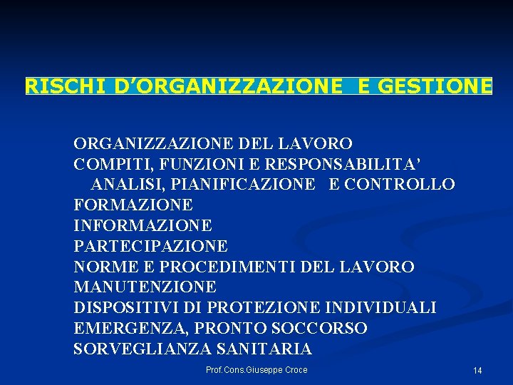 RISCHI D’ORGANIZZAZIONE E GESTIONE ORGANIZZAZIONE DEL LAVORO COMPITI, FUNZIONI E RESPONSABILITA’ ANALISI, PIANIFICAZIONE E