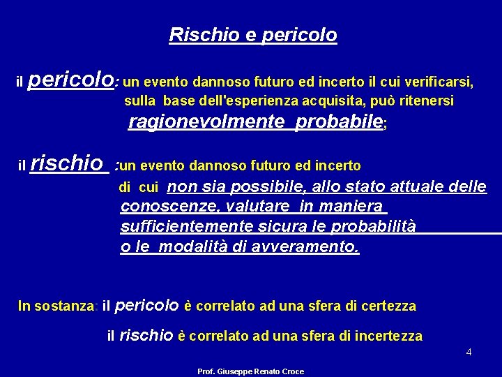 Rischio e pericolo il pericolo: un evento dannoso futuro ed incerto il cui verificarsi,