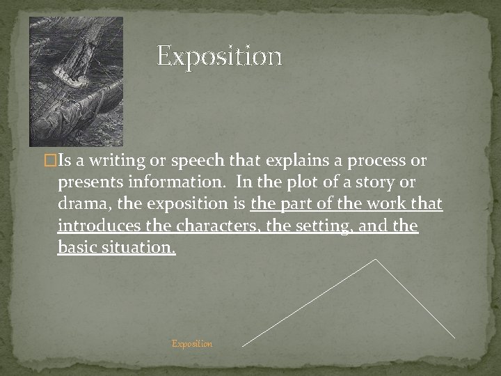 Exposition �Is a writing or speech that explains a process or presents information. In