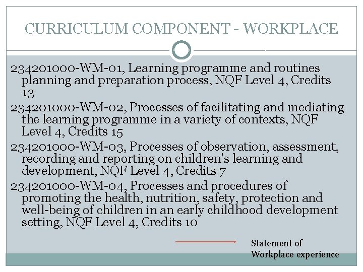 CURRICULUM COMPONENT - WORKPLACE 234201000 -WM-01, Learning programme and routines planning and preparation process,