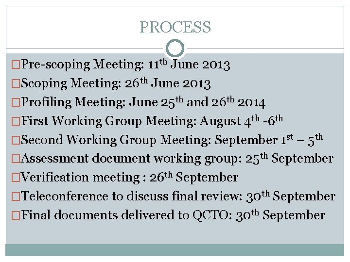 PROCESS �Pre-scoping Meeting: 11 th June 2013 �Scoping Meeting: 26 th June 2013 �Profiling