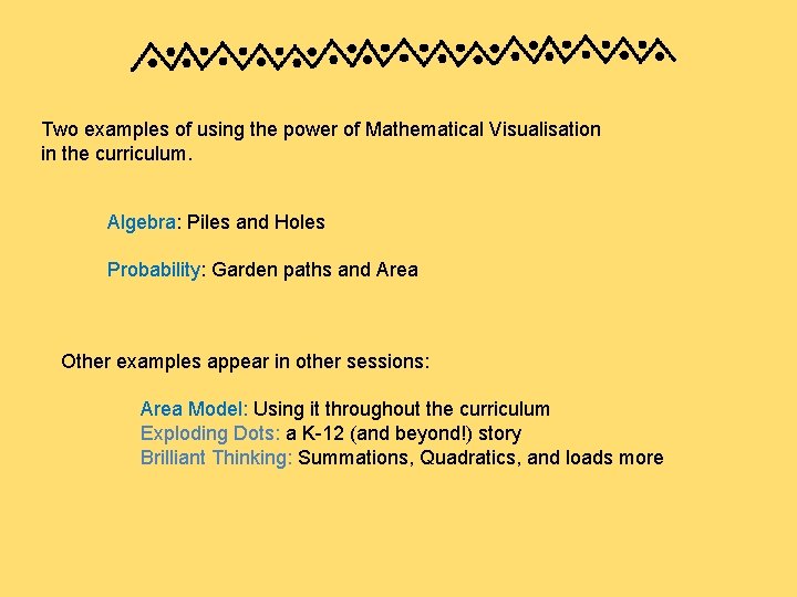 Two examples of using the power of Mathematical Visualisation in the curriculum. Algebra: Piles