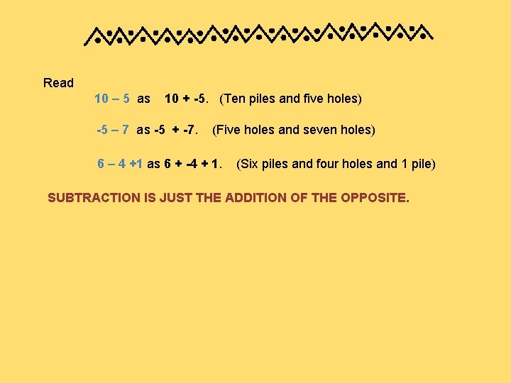 Read 10 – 5 as 10 + -5. (Ten piles and five holes) -5