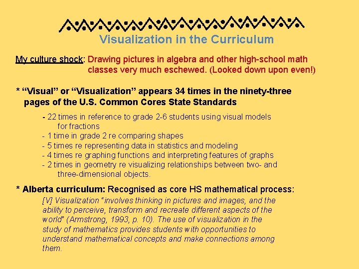 Visualization in the Curriculum My culture shock: Drawing pictures in algebra and other high-school