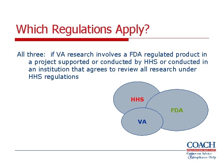 Which Regulations Apply? All three: if VA research involves a FDA regulated product in