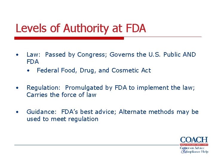 Levels of Authority at FDA • Law: Passed by Congress; Governs the U. S.