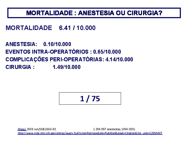 MORTALIDADE : ANESTESIA OU CIRURGIA? MORTALIDADE 6. 41 / 10. 000 ANESTESIA: 0. 10/10.