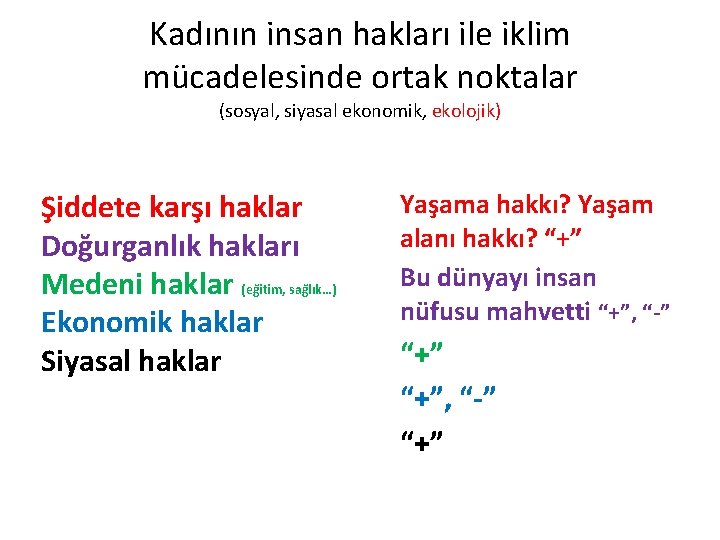 Kadının insan hakları ile iklim mücadelesinde ortak noktalar (sosyal, siyasal ekonomik, ekolojik) Şiddete karşı