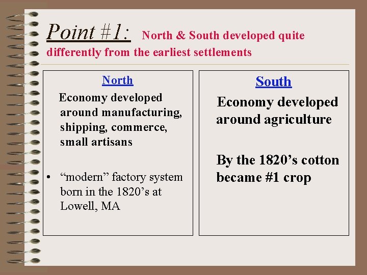 Point #1: North & South developed quite differently from the earliest settlements North Economy