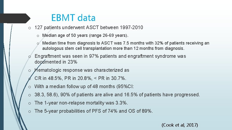 EBMT data o 127 patients underwent ASCT between 1997 -2010 o Median age of