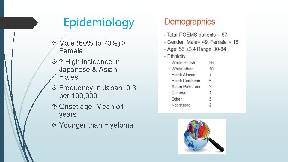 Epidemiology Male (60% to 70%) > Female ? High incidence in Japanese & Asian