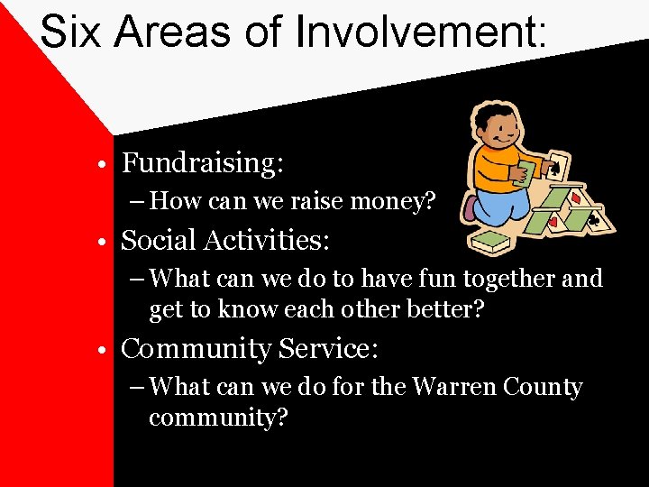 Six Areas of Involvement: • Fundraising: – How can we raise money? • Social