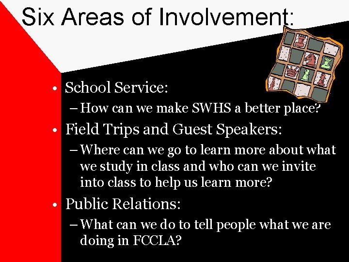 Six Areas of Involvement: • School Service: – How can we make SWHS a