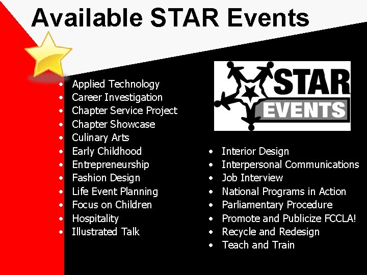 Available STAR Events • • • Applied Technology Career Investigation Chapter Service Project Chapter