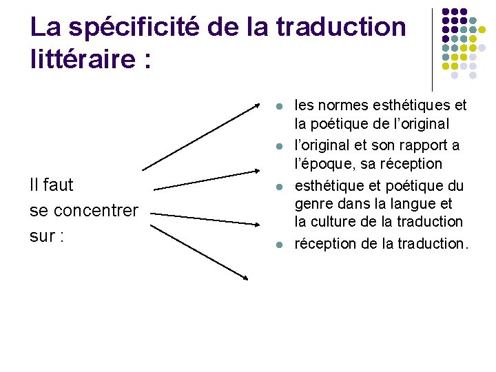 La spécificité de la traduction littéraire : l l Il faut se concentrer sur