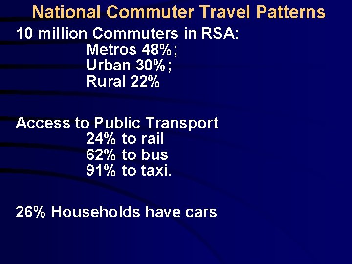 National Commuter Travel Patterns 10 million Commuters in RSA: Metros 48%; Urban 30%; Rural