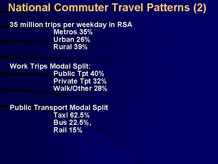 National Commuter Travel Patterns (2) 35 million trips per weekday in RSA Metros 35%