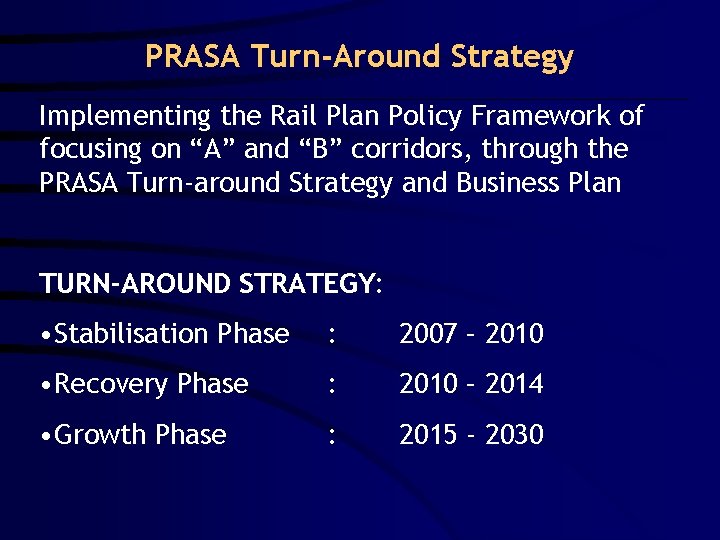 PRASA Turn-Around Strategy Implementing the Rail Plan Policy Framework of focusing on “A” and