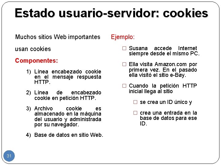 Estado usuario-servidor: cookies Muchos sitios Web importantes usan cookies Componentes: 1) Línea encabezado cookie