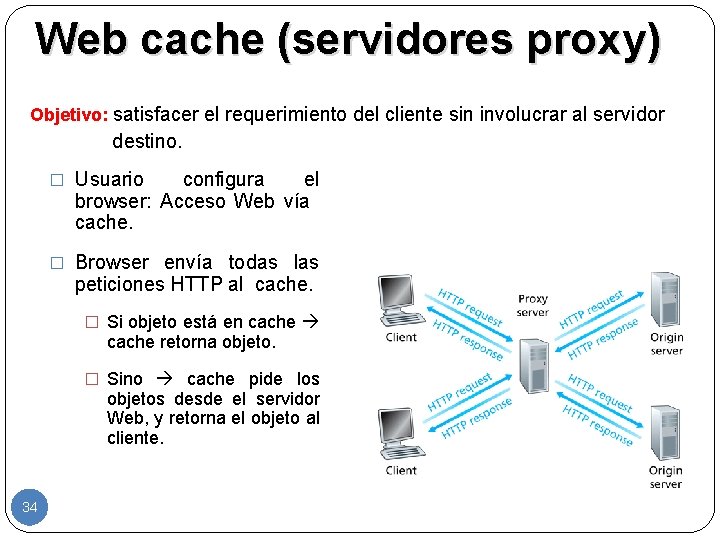 Web cache (servidores proxy) Objetivo: satisfacer el requerimiento del cliente sin involucrar al servidor