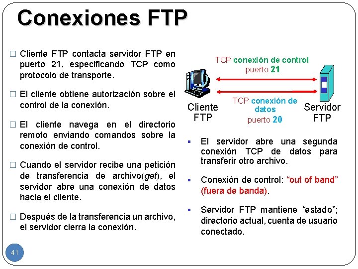 Conexiones FTP � Cliente FTP contacta servidor FTP en TCP conexión de control puerto
