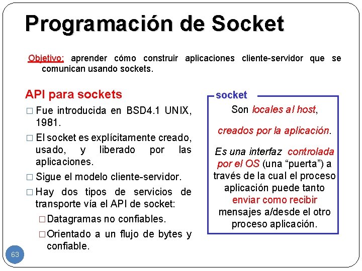 Programación de Socket Objetivo: aprender cómo construir aplicaciones cliente-servidor que se comunican usando sockets.