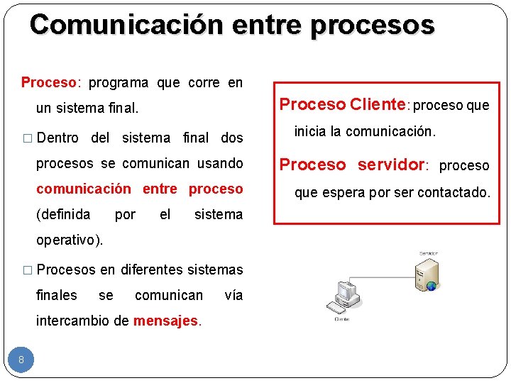 Comunicación entre procesos Proceso: programa que corre en Proceso Cliente: proceso que un sistema