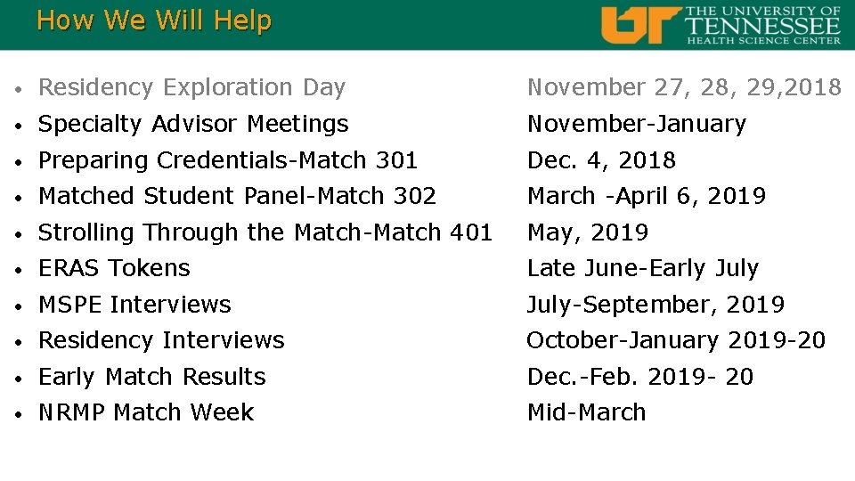 How We Will Help • Residency Exploration Day November 27, 28, 29, 2018 •