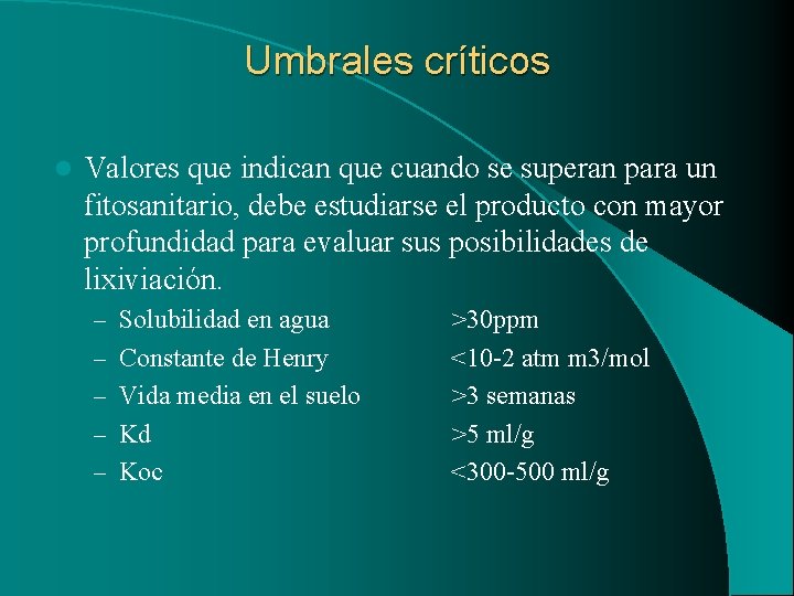 Umbrales críticos l Valores que indican que cuando se superan para un fitosanitario, debe