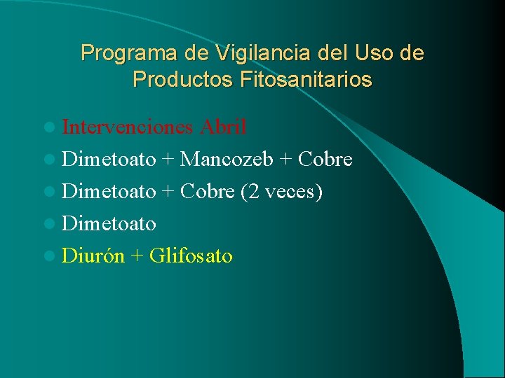 Programa de Vigilancia del Uso de Productos Fitosanitarios l Intervenciones Abril l Dimetoato +