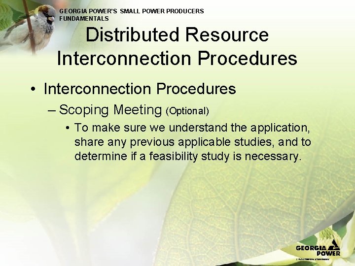 GEORGIA POWER’S SMALL POWER PRODUCERS FUNDAMENTALS Distributed Resource Interconnection Procedures • Interconnection Procedures –