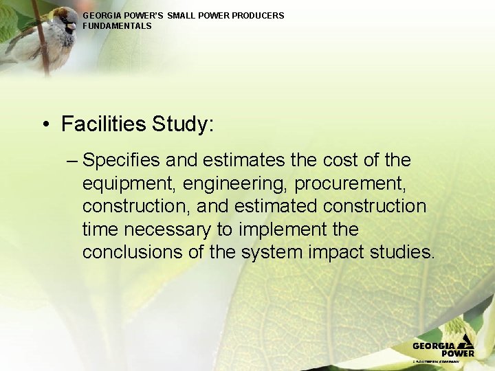 GEORGIA POWER’S SMALL POWER PRODUCERS FUNDAMENTALS • Facilities Study: – Specifies and estimates the