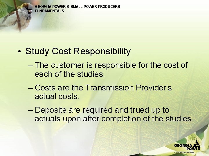 GEORGIA POWER’S SMALL POWER PRODUCERS FUNDAMENTALS • Study Cost Responsibility – The customer is