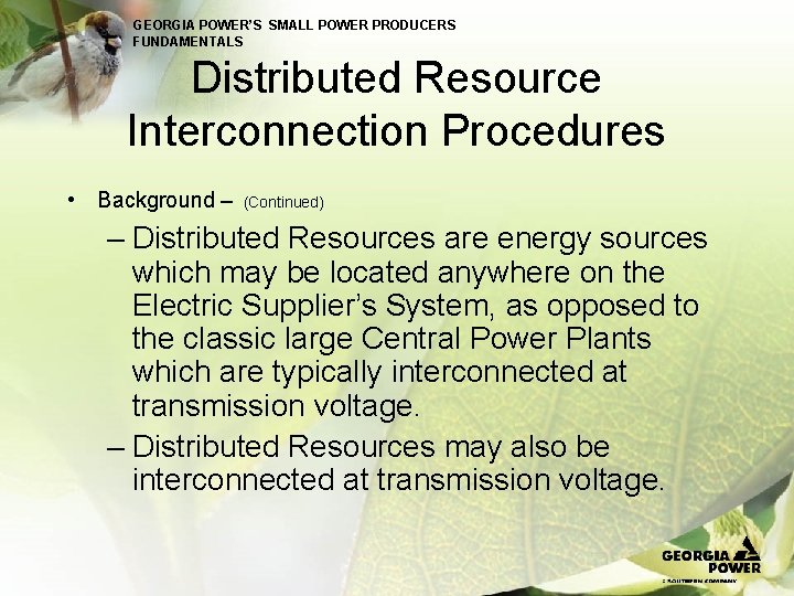 GEORGIA POWER’S SMALL POWER PRODUCERS FUNDAMENTALS Distributed Resource Interconnection Procedures • Background – (Continued)