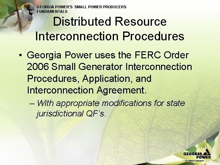 GEORGIA POWER’S SMALL POWER PRODUCERS FUNDAMENTALS Distributed Resource Interconnection Procedures • Georgia Power uses