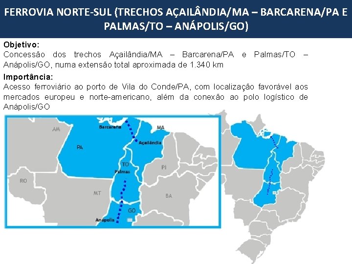 FERROVIA NORTE-SUL (TRECHOS AÇAIL NDIA/MA – BARCARENA/PA E PALMAS/TO – ANÁPOLIS/GO) Objetivo: Concessão dos