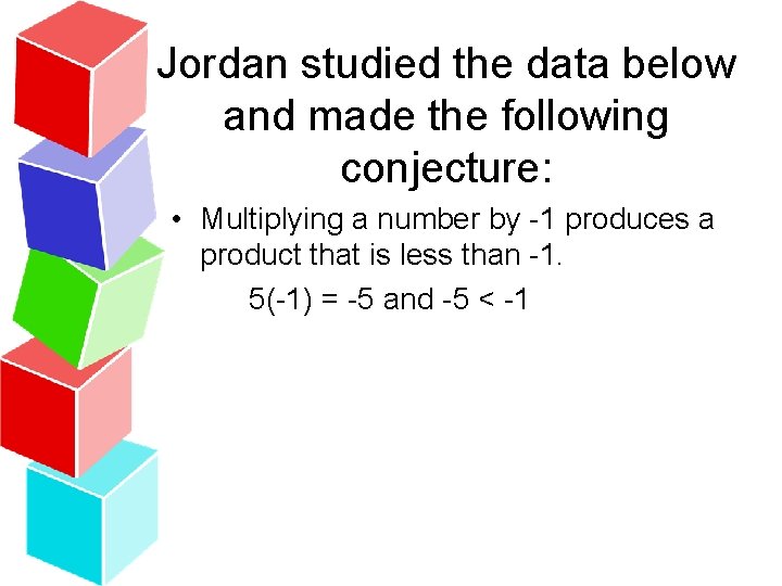 Jordan studied the data below and made the following conjecture: • Multiplying a number