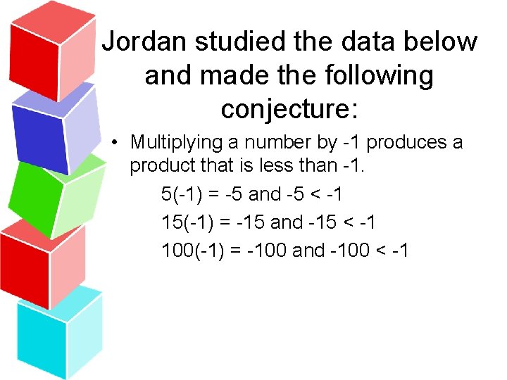 Jordan studied the data below and made the following conjecture: • Multiplying a number