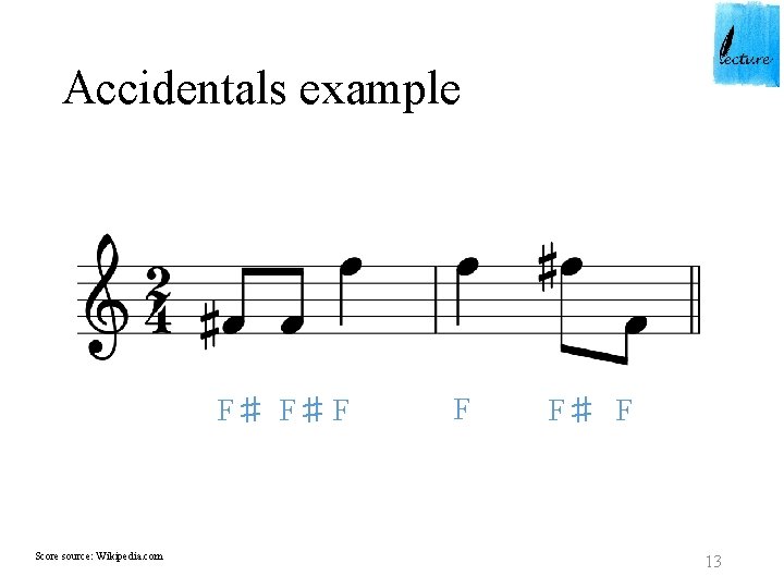 Accidentals example F♯ F♯ F Score source: Wikipedia. com F F♯ F 13 