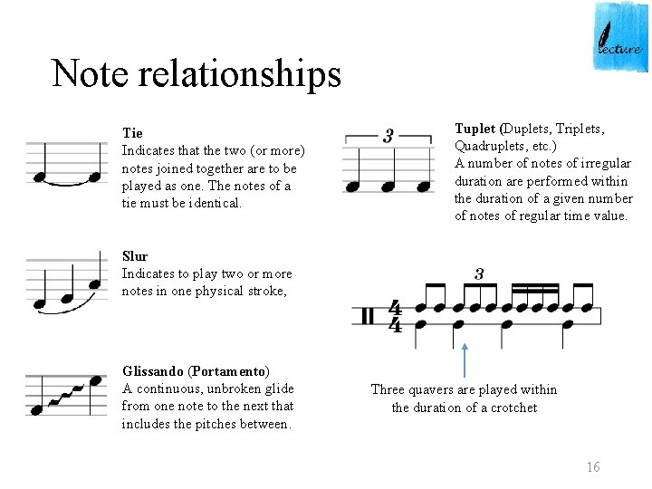 Note relationships Tie Indicates that the two (or more) notes joined together are to