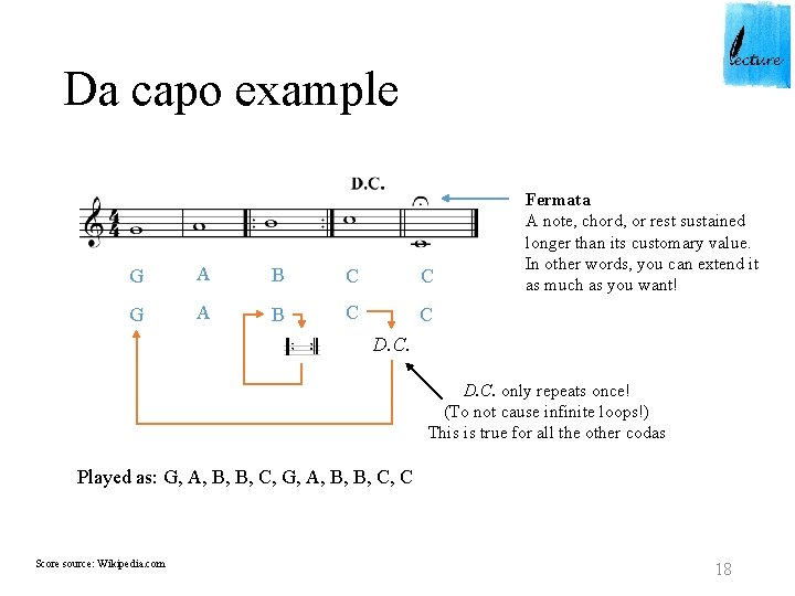 Da capo example G A B C C Fermata A note, chord, or rest