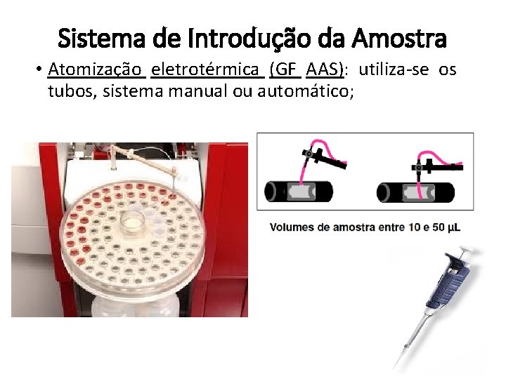 Sistema de Introdução da Amostra • Atomização eletrotérmica (GF AAS): utiliza-se os tubos, sistema
