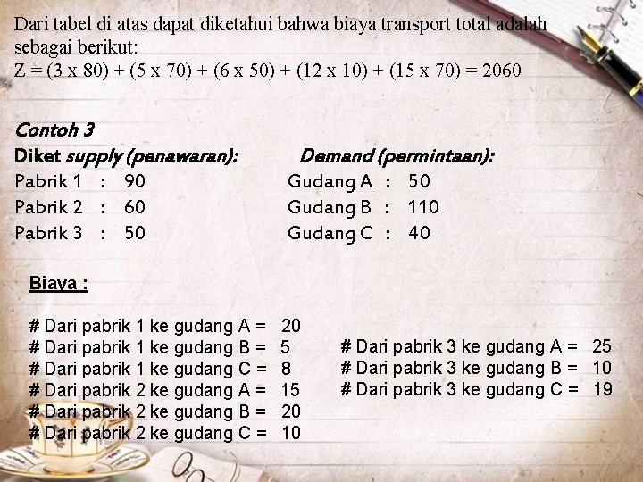 Dari tabel di atas dapat diketahui bahwa biaya transport total adalah sebagai berikut: Z