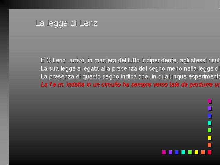La legge di Lenz E. C. Lenz arrivò, in maniera del tutto indipendente, agli