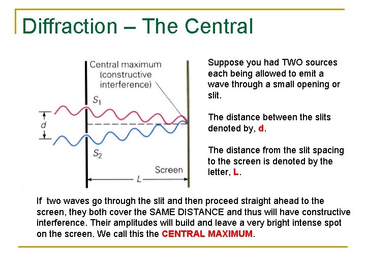 Diffraction – The Central Maximum Suppose you had TWO sources each being allowed to Diffraction – The Central Maximum Suppose you had TWO sources each being allowed to