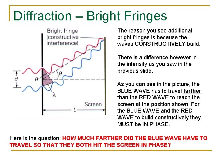 Diffraction – Bright Fringes The reason you see additional bright fringes is because the Diffraction – Bright Fringes The reason you see additional bright fringes is because the