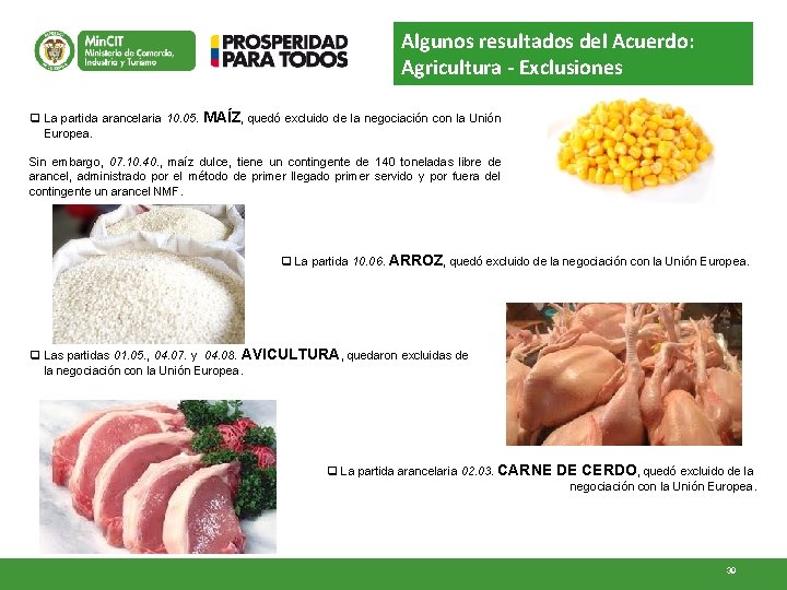 Algunos resultados del Acuerdo: Agricultura - Exclusiones q La partida arancelaria 10. 05. Europea.